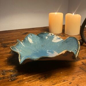 Vintage Artisan Signed Freeform Blue and Tan Pottery Trinket Dish Tray